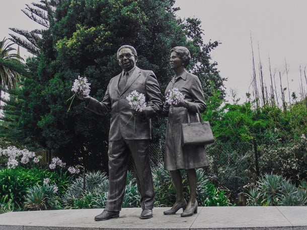 Statue of Sir Doug Nicholls and Gladys Nicholls by Louis Lormen in the Parliament Gardens. Gladys Nicholls was co-founder and coordinator of the Women's Auxiliary of the Aboriginal Advancement League and active in Fitzroy and Northcote. Photo from Jeanine Lu.