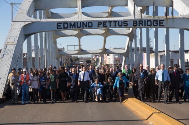 "The Obamas and the Bushes continue across the bridge." (Official White House Photo by Lawrence Jackson)