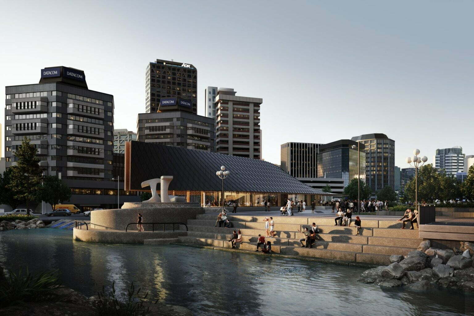 Fale Malae, Wellington Waterfront, designed by Jasmax in collaboration with Dr Albert Refiti and Michel Tuffery.