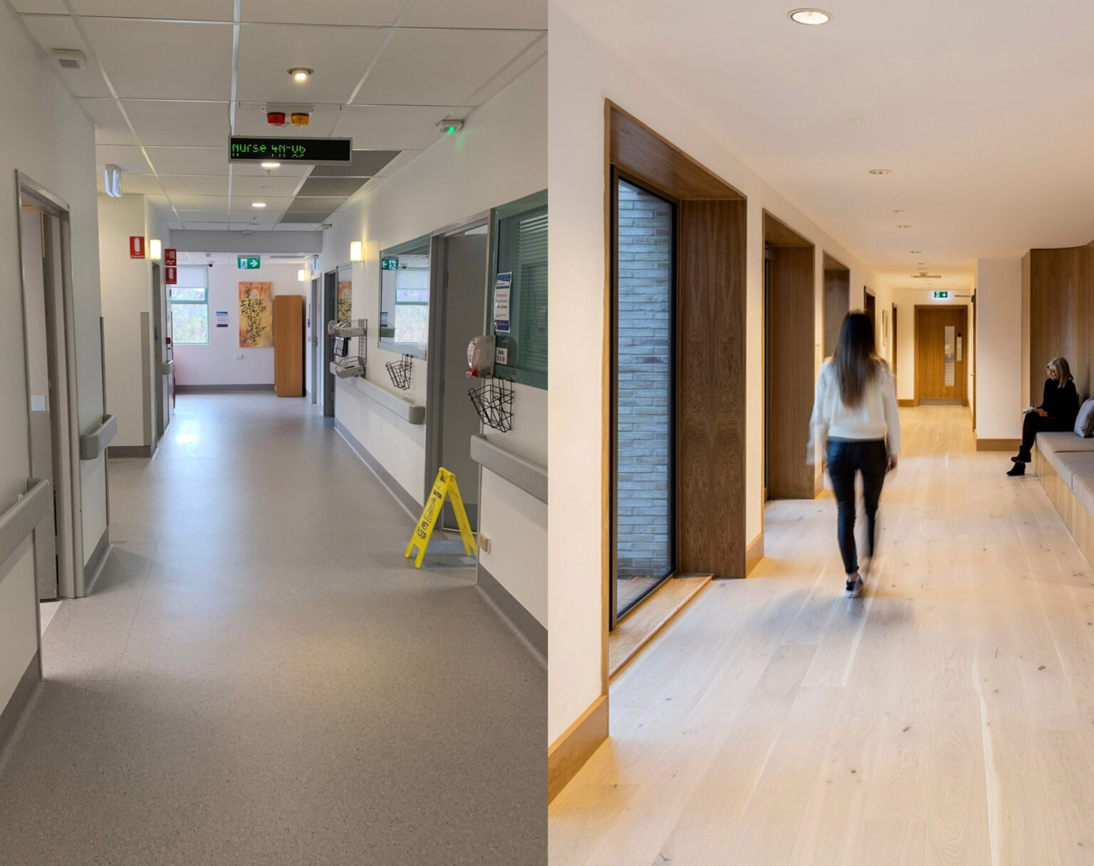 The corridor of a traditional/ typical palliative care ward (left; image by author) and a corridor in the Prince and Princess of Wales Hospice, Glasgow, designed by Ryder Architects (right, image by Keith Hunter, 2019).